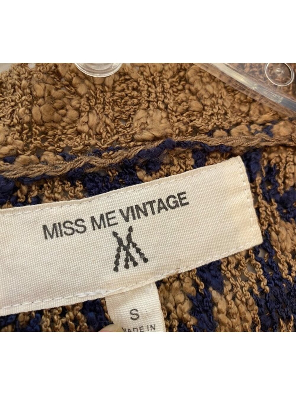 Vintage Miss Me Fringe Knit Sleeveless Tunic Top Striped Brown Navy White Small - Picture 3 of 6